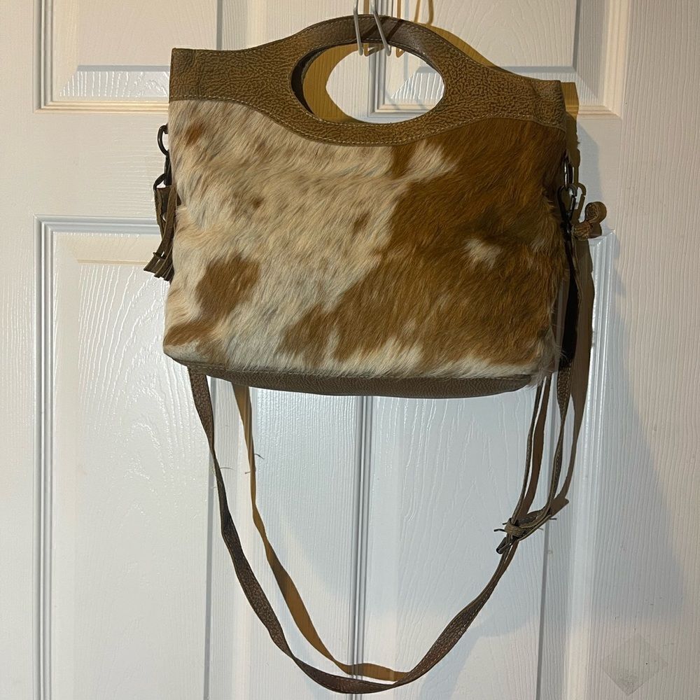 Myra Leather tan and cream Spots Of Optimism Hairon Satchel/crossbody.